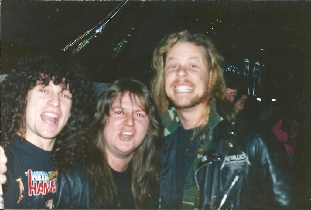 Mat Maurer, Denis “Piggy” D'Amour (Voivod guitarist) and James Hetfield; San Francisco 1990
